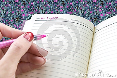 Closeup of womanâ€™s hand ready to write on personal agenda in n Stock Photo